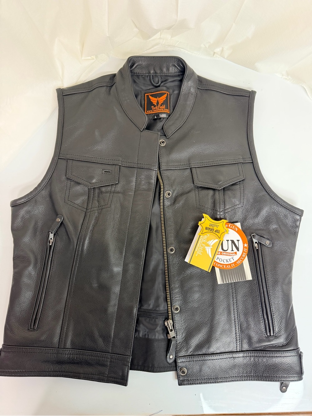 Tack and Field Black Leather Motorcycle Vest with Zip Pockets and compartments
